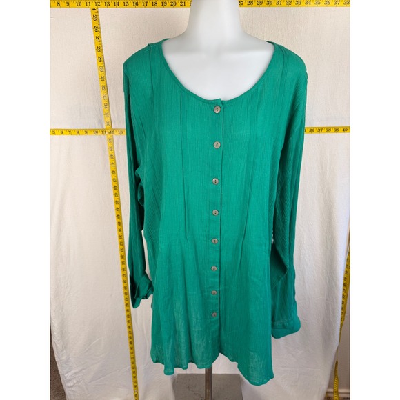 The Paragon Tops - Paragon Tunic Top Women 3X Green Cotton Gauze Pintuck Button Relaxed Lightweight